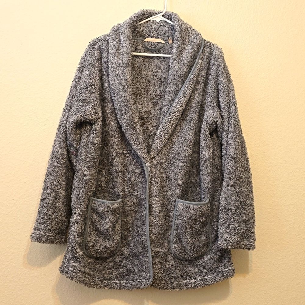 Soft Surroundings Gray Faux Fur Plush House Coat One Button Lounge Cardigan M